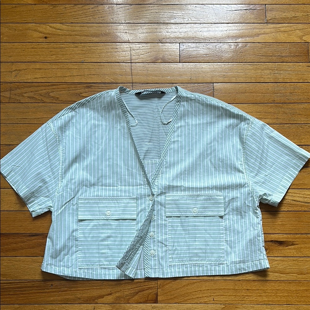 Zara White and Green Boxy Button Down Shirt